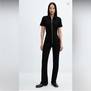Mango Black Denim Front Zip Retro Flare Jumpsuit Size XS